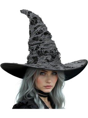 🎃 Unisex Black Tattered Lace & Torn Edges Halloween Spooky Costume Witch Hat
